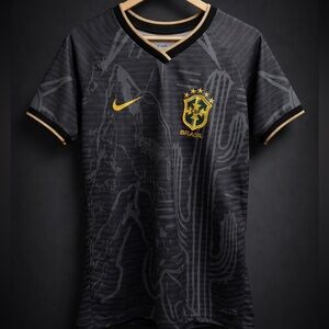 Nike Brazil CBF Soccer Jersey Youth Medium Black Gold 5 Star Futbol Shirt
